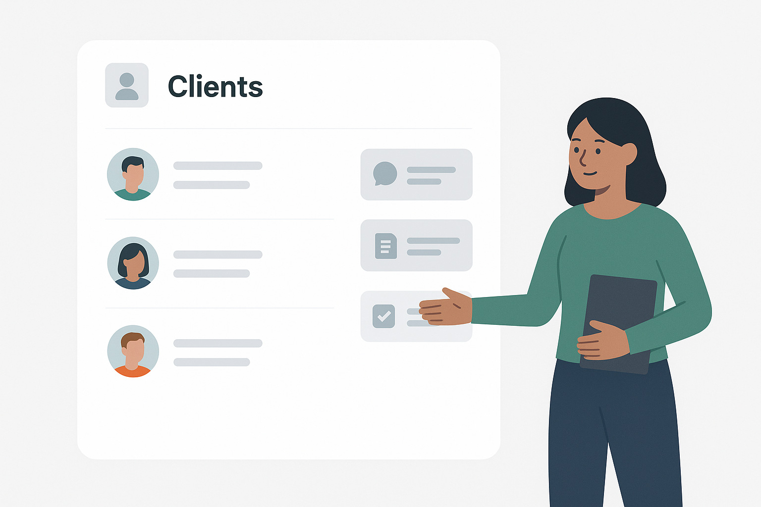An illustration of the client management dashboard in BillNow, showing a list of clients.
